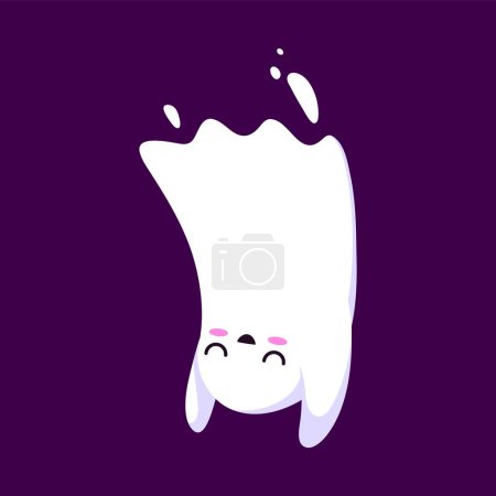 Illustration for Cartoon halloween kawaii ghost character flying upside down with a playful grin. Isolated vector cute and adorable spook personage adds a charming and whimsical touch to the spooky holiday celebration - Royalty Free Image