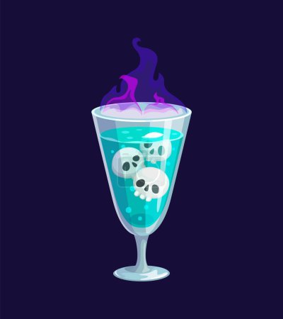 Illustration for Halloween holiday party cocktail drink. Isolated vector sinister spirits sipper. Spine-chilling beverage with skull-shaped ice, flickering with purple fire. Spooky delight that raises the undead vibes - Royalty Free Image