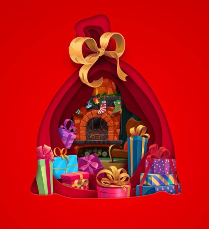 Illustration for Christmas paper cut Santa gifts bag. Vector double exposition Xmas holiday papercut 3d effect frame in shape of sack with colorful presents and traditional interior with fireplace and hanging socks - Royalty Free Image