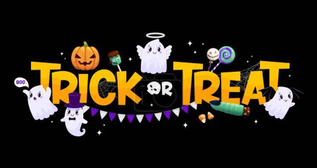 Illustration for Trick or treat banner with cute kawaii ghost characters and sweets. Vector Halloween holiday funny pumpkin, skull and zombie lollipops, corn candy and witch finger cookie, cobweb and flags garland - Royalty Free Image