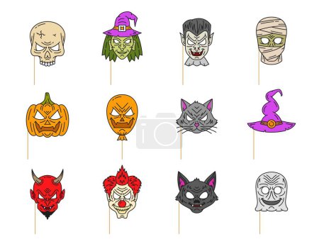 Téléchargez les illustrations : Ligne art halloween photomaton masque accessoires. Crâne linéaire vectoriel isolé, sorcière, vampire et momie. Visage de citrouille, ballon lanterne, chat noir et chapeau de sorcier. Diable, sinistre clown, loup-garou, fantôme - en licence libre de droit