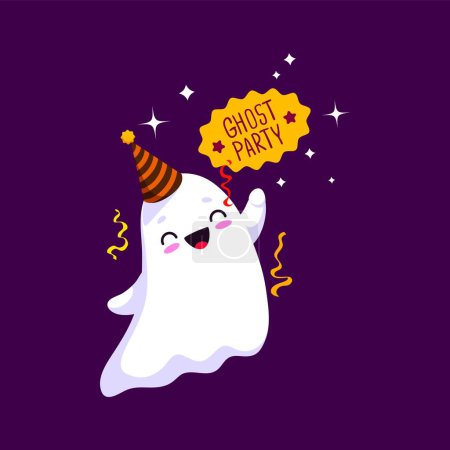 Illustration for Cartoon Halloween kawaii ghost character joyfully celebrates Hallowmas at a lively party. Isolated vector cute adorable baby phantom donning a festive hat and enjoying fun festive atmosphere - Royalty Free Image