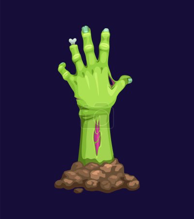 Ilustración de Mano de zombie de dibujos animados, brazo de cadáver en descomposición vectorial aislado, verde y podrido, con huesos expuestos y carne rota, extendiéndose con los dedos retorcidos en un gesto espeluznante y espeluznante en la noche de Halloween - Imagen libre de derechos