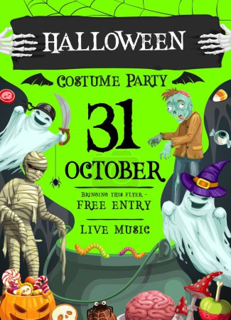 Halloween costume party flyer for the spooktacular night celebration, filled with eerie delights, ghoulish games and thrilling fun. Vector invitation banner with spook pirate and wizard, mummy, zombie