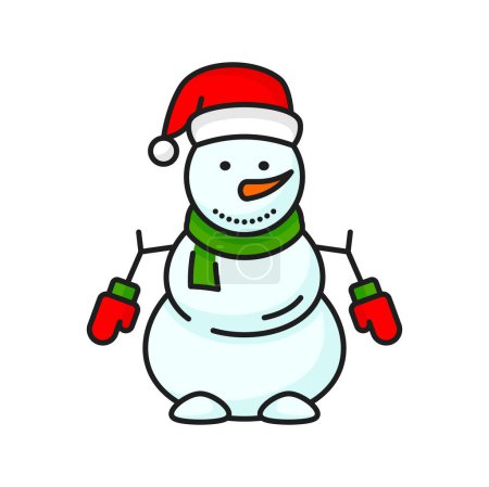 Ilustración de Lindo muñeco de nieve de Navidad en sombrero, bufanda y mitones aislado icono de la línea de caracteres de Año Nuevo. Vector vacaciones de invierno Año Nuevo y Navidad muñeco de nieve - Imagen libre de derechos