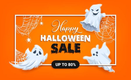 Illustration for Halloween sale banner with flying kawaii ghosts and spiders on cobwebs for holiday discount promo, vector background. Halloween discount promotion sale for shop or store with spooky creepy boo ghosts - Royalty Free Image
