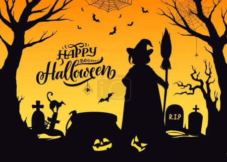 Illustration for Halloween witch silhouette on cemetery, vector horror holiday character. Spooky shadow of witch in hat and cape with potion cauldron, pumpkins, broom and cat, bats, spiders and cobweb on creepy trees - Royalty Free Image