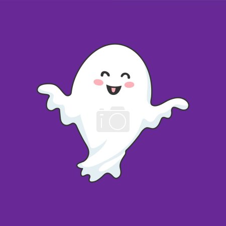 Illustration for Cartoon kawaii Halloween ghost character with cheerful expression, and playful grin floating in the air. Isolated cute vector baby spook, white phantom personage captures festive spirit of the season - Royalty Free Image