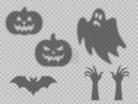 Illustration for Halloween shadow overlay with pumpkin monsters, ghosts and and dead zombie hands, vector silhouette icons. Halloween holiday cartoon overlay shadows of scary pumpkin, flying boo poltergeist and bats - Royalty Free Image