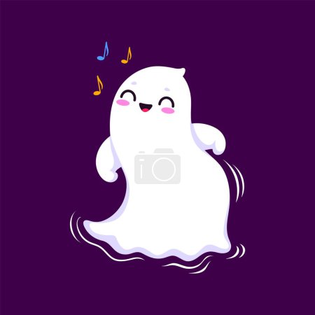 Illustration for Cartoon Halloween kawaii ghost character dancing with playful moves, wearing a charming smile. Isolated vector cute and adorable white spook adds a delightful and whimsical touch to festive atmosphere - Royalty Free Image