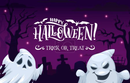 Illustration for Cartoon Halloween ghost on midnight cemetery landscape, holiday horror night, vector background. Halloween trick or treat party poster with spooky boo ghosts and tombstones on cemetery graveyard - Royalty Free Image