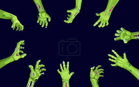 Illustration for Halloween zombie hands vector frame of horror holiday. Cartoon evil monster arms reaching out with creepy green skin, broken fingers and exposed bones. Halloween spooky zombie or undead hands border - Royalty Free Image