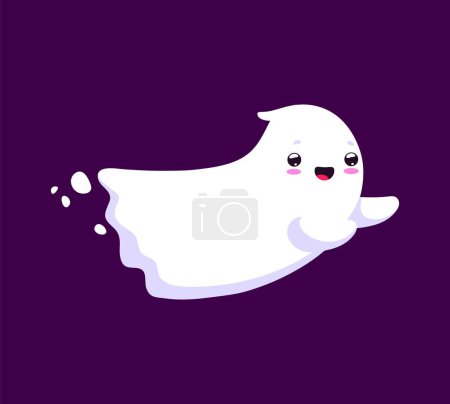 Illustration for Cartoon halloween kawaii ghost character flying with a playful grin. Isolated vector cute and adorable baby spook personage adds a charming and whimsical touch to the spooky holiday celebration - Royalty Free Image