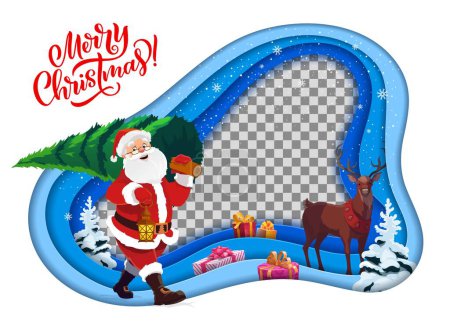 Illustration for Christmas paper cut frame with cartoon Santa and Xmas gifts. Vector layered papercut wavy frame with Santa Claus carrying Christmas tree over shoulder, winter holiday presents, deer and snowflakes - Royalty Free Image