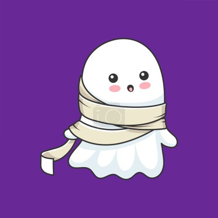 Illustration for Cartoon kawaii Halloween ghost character donning a charming mummy costume wrapped in bandage, exuding a delightful mix of spookiness and cuteness. Adorable, cute vector baby spirit personage - Royalty Free Image