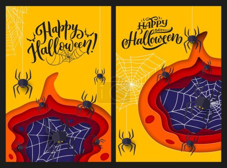 Ilustración de Carteles de papel de Halloween con arañas y telaraña para fiesta de horror, fondo vectorial. Felices tarjetas de felicitación de Halloween en capas de corte de papel o papel con arañas aterradoras en telaraña - Imagen libre de derechos