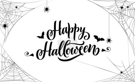 Illustration for Happy Halloween banner with cobweb and spiders for holiday horror party, vector background. Halloween greeting card with scary flying bats and spooky spiders in spiderweb frame or corner borders - Royalty Free Image