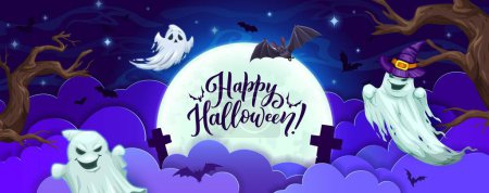 Illustration for Halloween holiday paper cut mist in midnight forest and flying ghosts, vector horror monsters. Happy Halloween greeting card with spooky boo ghosts and cemetery cross tombs in paper cut night forest - Royalty Free Image