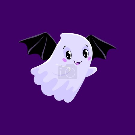 Illustration for Cartoon cute Halloween kawaii ghost or vampire boo, vector funny character for horror holiday. Halloween night cute spooky ghost flying on vampire bat wings with fang teeth for baby boo character - Royalty Free Image