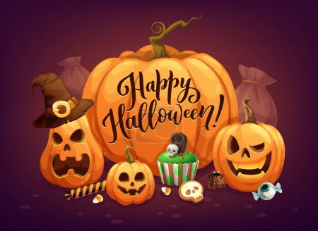 Illustration for Cartoon Halloween pumpkins and holiday sweets for horror night, vector poster. Happy Halloween greeting card with creepy spooky pumpkin in witch hat with eye candy and skull on cemetery cupcake - Royalty Free Image