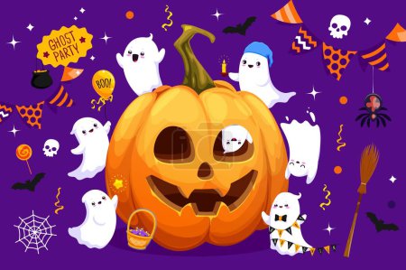 Illustration for Halloween cartoon funny kawaii ghosts and pumpkin, horror holiday vector background. Halloween greeting card and trick or treat party poster with funny ghosts, scary pumpkin, spider and boo candy - Royalty Free Image