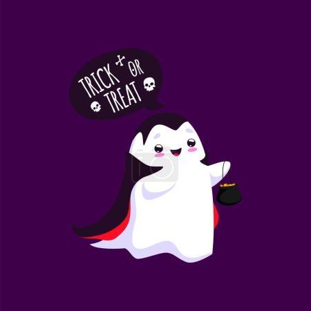 Illustration for Cartoon Halloween kawaii ghost character playfully dons cute vampire costume with cauldron for candies in hand, participate in trick or treat party, blending spooky and adorable bewitching ensemble - Royalty Free Image