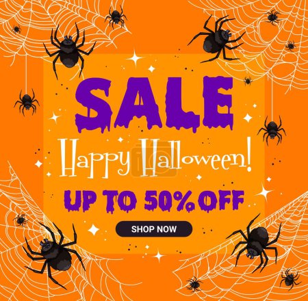 Illustration for Halloween sale banner with cobweb and spiders for holiday discount promotion, vector background. Halloween 50 percent discount promo sale for shop or store with spooky spiders on spiderweb - Royalty Free Image