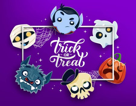 Illustration for Halloween trick or treat holiday banner with funny emojis of cartoon spooky monsters. Vector cute ghost, pumpkin, skull and mummy, horror dracula vampire and werewolf, Halloween characters poster - Royalty Free Image