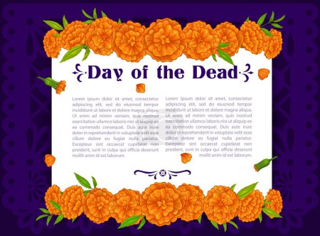 Illustration for Marigold flowers on Dia De Los Muertos Day of the Dead holiday banner. Mexican Halloween vector poster with borders of orange flowers garlands on purple papel picado paper cut flag background - Royalty Free Image