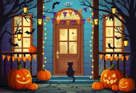 Illustration for Halloween door and porch, pumpkins and witch cat with holiday decorations on house, vector background. Happy Halloween greeting card with ghosts behind door entrance, bats and spider cobweb on trees - Royalty Free Image