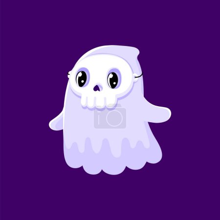 Illustration for Cartoon cute Halloween kawaii ghost in skull mask, vector funny boo character for horror holiday. Halloween night cute spooky ghost flying with dead skeleton skull mask for trick or treat party - Royalty Free Image