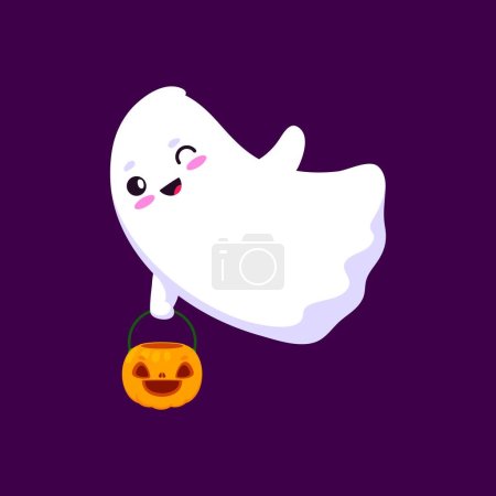 Illustration for Cartoon halloween kawaii ghost character holding a pumpkin bucket for candy treats, radiating charm spookiness and cuteness. Isolated vector baby spook personage wink eye at trick or treat party - Royalty Free Image