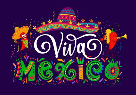 Illustration for Viva Mexico banner with chili peppers, mexican Independence Day holiday party vector poster. Cartoon sombrero hat, confetti, mariachi musician red peppers characters playing maracas and trumpet - Royalty Free Image