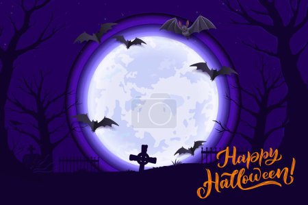 Illustration for Halloween paper cut midnight moon and cemetery landscape, vector spooky holiday card. Trick or treat horror night graveyard with cartoon full moon in 3d papercut frame, origami bats, trees and crosses - Royalty Free Image