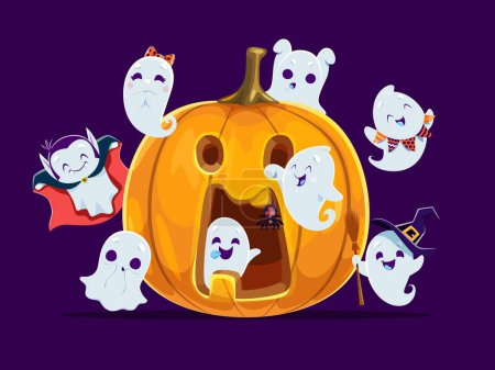 Illustration for Halloween kawaii ghosts around holiday pumpkin. Vector flying ghosts and spirits cartoon characters wearing Halloween trick or treat party costumes, witch hat and broom, Dracula vampire cape, spider - Royalty Free Image
