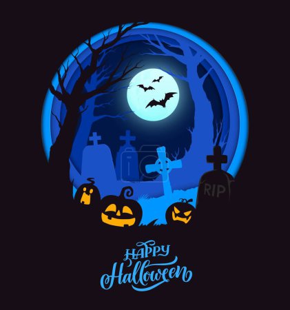 Illustration for Halloween paper cut midnight cemetery silhouette with scary pumpkin lanterns, holiday vector poster. Happy Halloween greeting card with night moon and bats, RIP cross tombstones on paper cut graveyard - Royalty Free Image