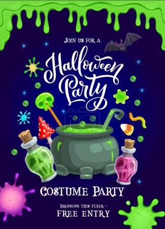 Illustration for Halloween holiday party flyer with green slime, potion bottles and witch cauldron. Spooky trick or treat night event vector poster of cartoon bat and old pot with magic elixir, mushroom and candies - Royalty Free Image