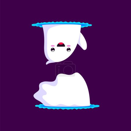 Illustration for Cartoon Halloween kawaii ghost character. Isolated vector cute spook glides playfully through portal with whimsy and smile. Adorable baby phantom with charming funny presence pass through walls - Royalty Free Image