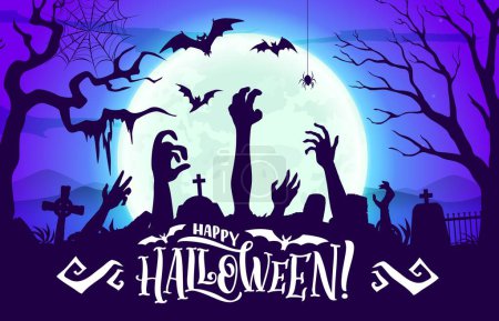 Illustration for Halloween midnight moon cemetery with zombie hands silhouettes, holiday horror night vector background. Happy Halloween greeting card with spooky dead hands, bats or spiders and tombstones on cemetery - Royalty Free Image