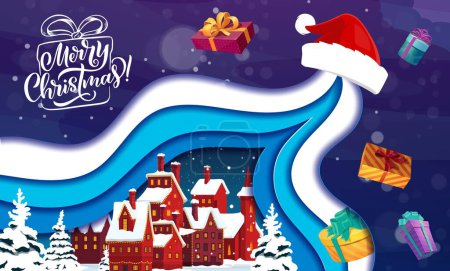 Illustration for Christmas paper cut greetings with santa hat and little winter town. Vector double exposition 3d effect with cartoon snowy houses, snowfall, pines at holiday eve. Night city landscape with cottages - Royalty Free Image