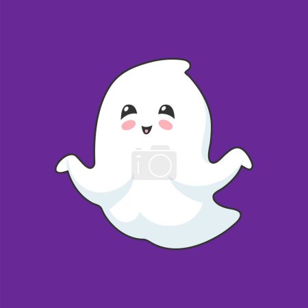 Illustration for Cartoon kawaii halloween ghost character flying with a playful grin. Isolated vector cute and adorable baby spook personage with rose cheeks. Charming and whimsical spooky phantom celebrate holiday - Royalty Free Image