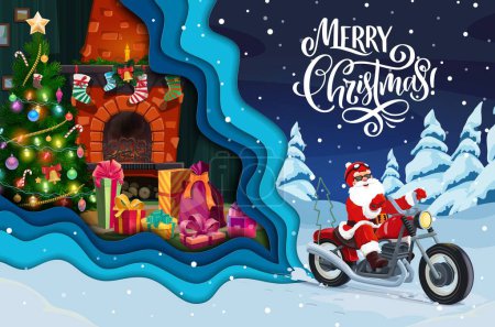 Illustration for Christmas paper cut santa on bike and holiday fireplace interior. Vector xmas greeting card with cool father Noel wear helmet and red costume riding motorbike and home with fire place, gifts and tree - Royalty Free Image