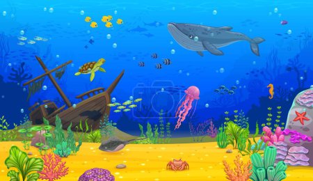 Téléchargez les illustrations : Dessin animé paysage sous-marin. Baleine bleue, tortue, bancs de poissons et méduses, raie et étoiles de mer sur fond d'algues et de corail. Jeu vectoriel fond de vagues d'eau de mer, navire coulé et animaux marins - en licence libre de droit