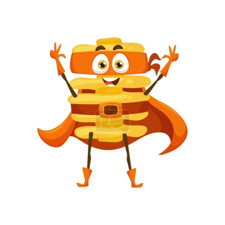 Illustration for Cartoon radiatori italian pasta food superhero character. Isolated vector zany super hero noodle personage with colorful orange mask and cape, waving hands, ready to save the day with cheesy powers - Royalty Free Image