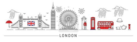 Ilustración de Silueta de Londres, Gran Bretaña lugares de interés turístico y edificios de arquitectura, contorno de vectores. Monumentos de Inglaterra en el horizonte de la ciudad de Londres con el puente de la torre, el Big Ben o el autobús rojo británico y la cabina telefónica - Imagen libre de derechos
