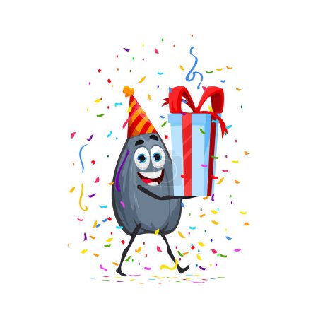 Illustration for Cartoon sunflower seed character wearing a festive hat and holding a gift at a lively holiday and birthday party. Isolated vector cheerful healthy snack personage celebrating its anniversary with fun - Royalty Free Image