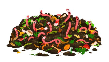 Ilustración de Agricultura dibujos animados granja compost gusano personajes en el suelo. Personajes divertidos vector de lombriz en pila de compost de jardín con suciedad, residuos orgánicos de alimentos, plantas, verduras, frutas y cáscara de huevo - Imagen libre de derechos