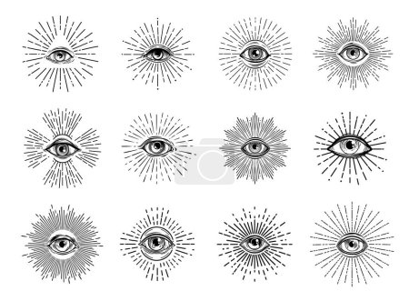 Illustration for Providence illuminati eye. Esoteric occult symbols, mason tattoos with all seeing eye of God vector sketches, engraved magic triangle, glory and light rays. Freemasonry, spiritual and alchemy signs - Royalty Free Image