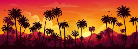 Illustration for Tropical jungle sunset or sunrise forest landscape silhouette. Exotic forest palm trees and mountains vector nature background with bright yellow sun and sky. Rainforest at evening game scene backdrop - Royalty Free Image