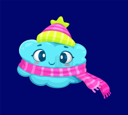 Illustration for Cartoon cute cloud weather character, wearing charming knit hat and scarf, bringing a touch of warmth and style to the forecast. Adorable vector meteorology personage notice of cold weather outside - Royalty Free Image
